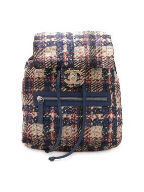 Chanel Tweed Print Chain Shoulder Rucksack Sac Backpack Nylon Blue